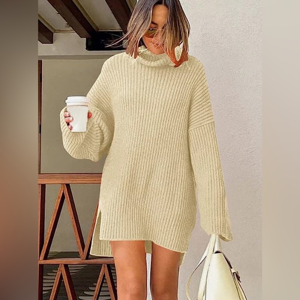 LILLUSORY Womens Turtleneck Oversized Sweater Tunic Pullover Ribbed Knit Dress